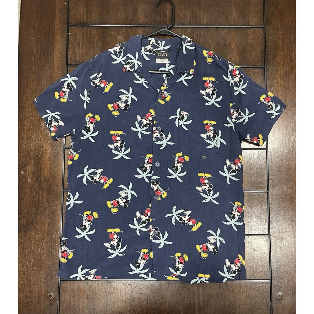 DISNEY Mickey Mouse Men's Hawaiian Button Down Rayon Camp Shirt Navy Size M